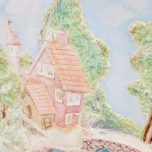 Vintage Chalkware Hand-Painted Ceramic 3D Wall Plate Cottage on River & Bridge - Picture 4 of 9